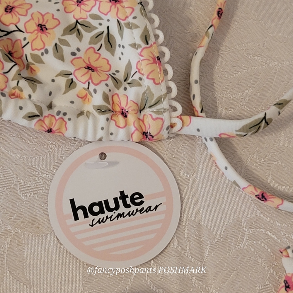 HAUTE swim pink poppies green leaves ribbon bows edging triangle string bikini - Picture 3 of 17